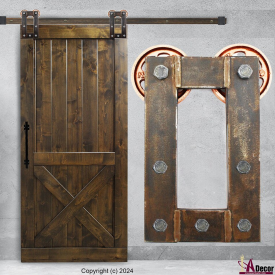 Steampunk Barn Door Hardware With Dual Colored Wheels steampunkrustcopperwheel2000x2000