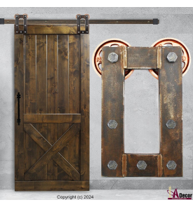 Steampunk Barn Door Hardware With Dual Colored Wheels steampunkrustcopperwheel2000x2000
